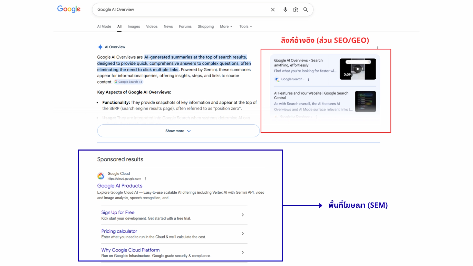 หน้าผลการค้นหา Google แสดงส่วนลิงก์อ้างอิง SEO และพื้นที่โฆษณา SEM