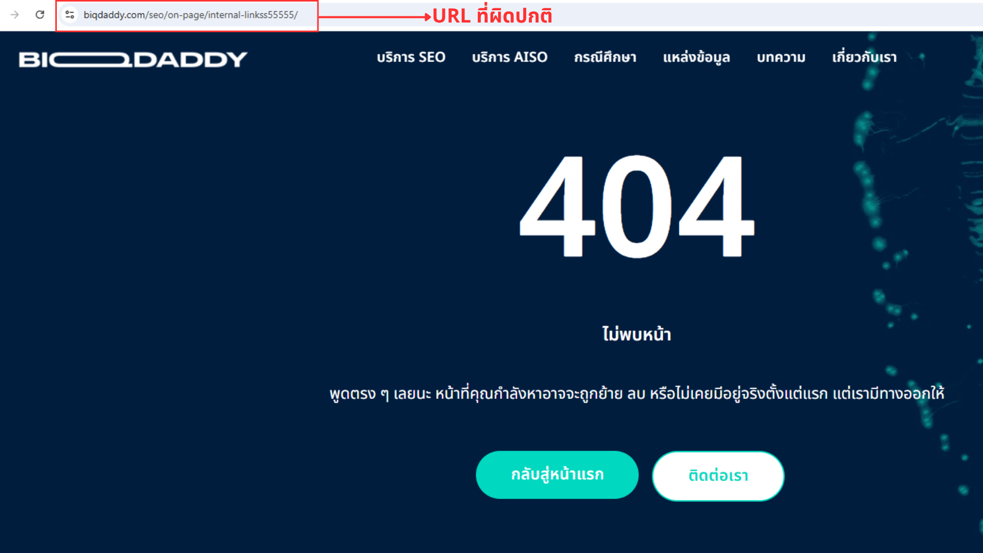 หน้าเว็บไซต์แสดงข้อผิดพลาดไม่พบหน้าเนื่องจากยูอาร์แอลของลิงก์ภายในผิดปกติ