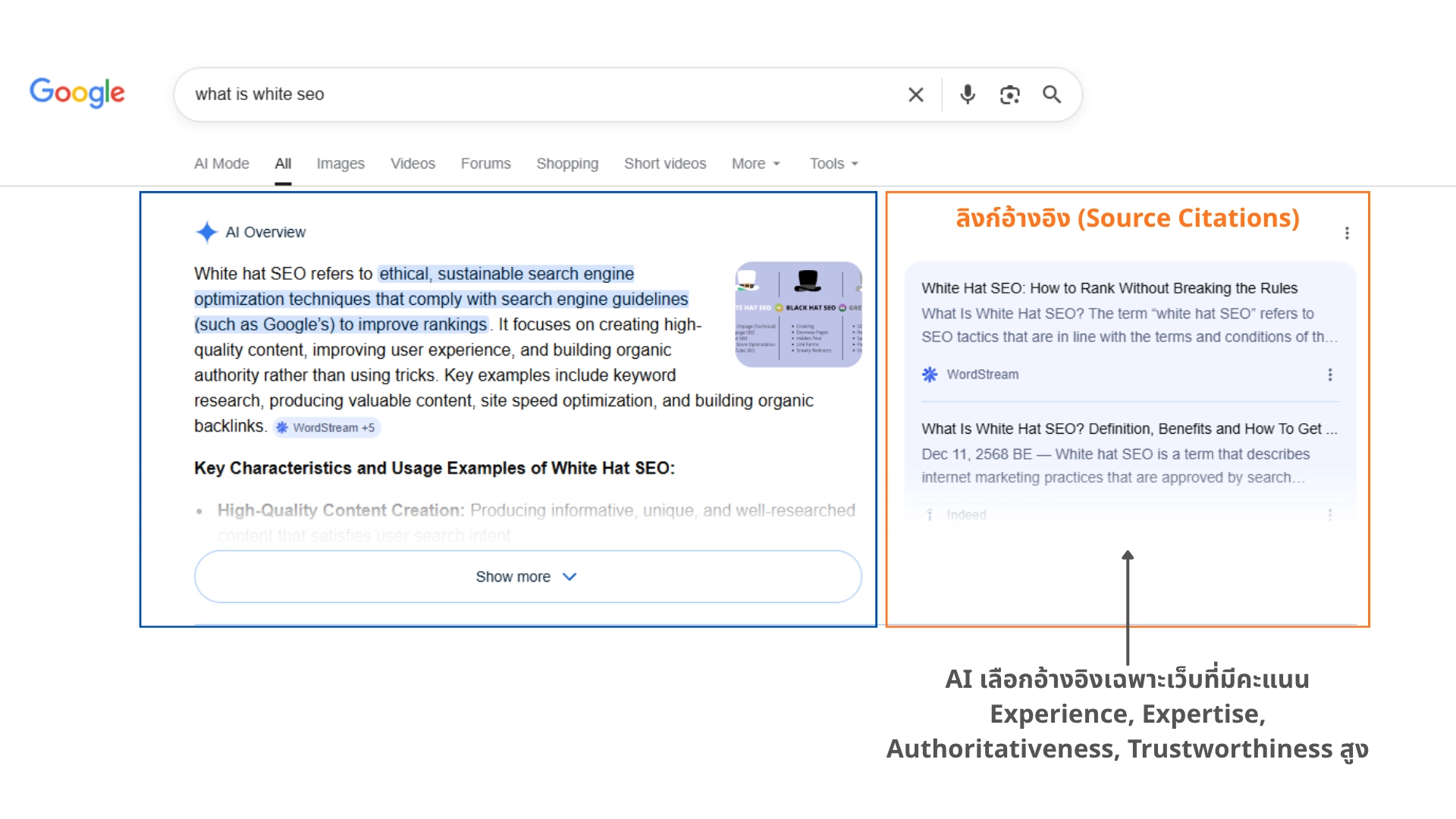 ai overview source citations white hat seo หน้าแสดงผลกูเกิลเอไอพร้อมลิงก์อ้างอิงที่มีความน่าเชื่อถือสูงอธิบายเรื่อง SEO สายขาว สายเทา สายดำ