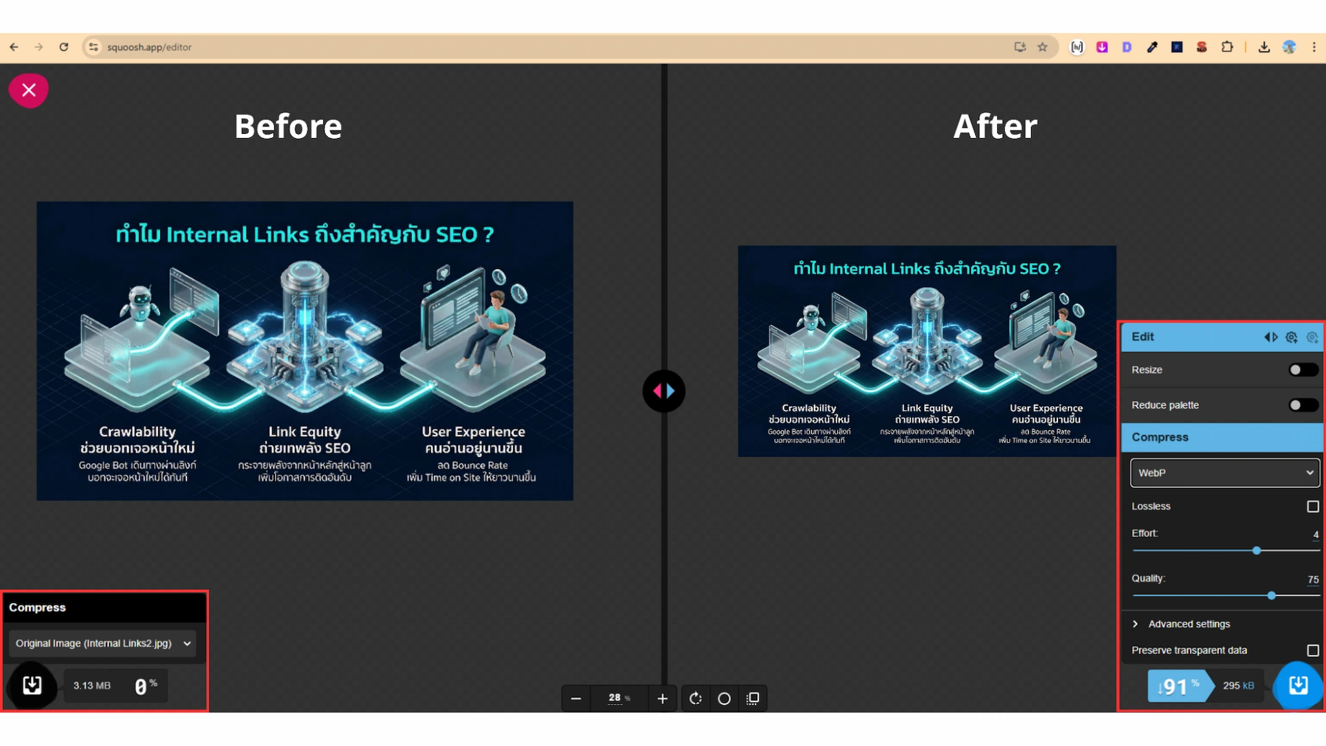 ตัวอย่างการใช้เครื่องมือบีบอัดขนาดไฟล์เพื่อทำ Image SEO โดยเปรียบเทียบก่อนและหลัง