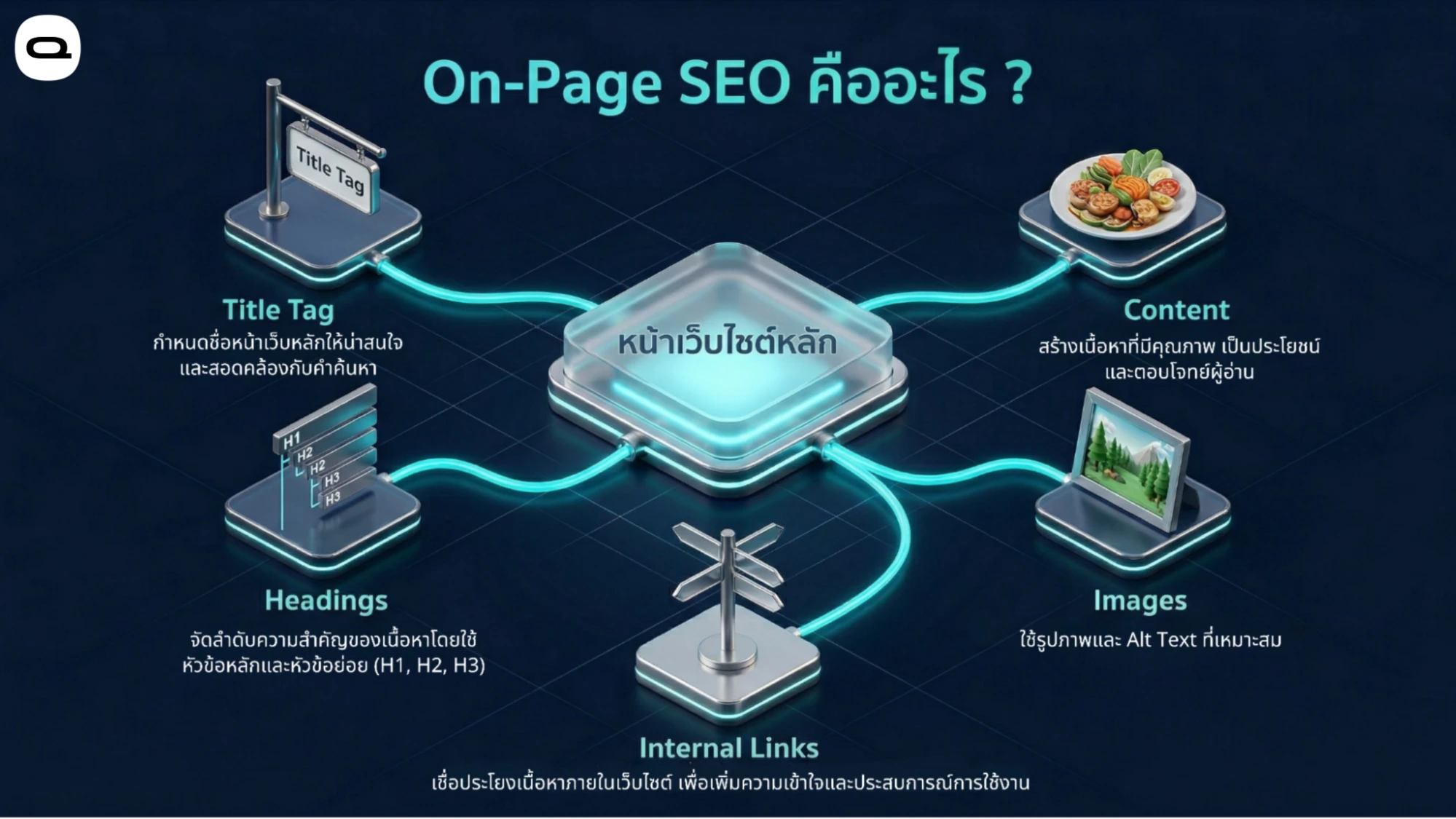 แผนภูมิแสดงองค์ประกอบของการทำ On-Page SEO บนหน้าเว็บไซต์
