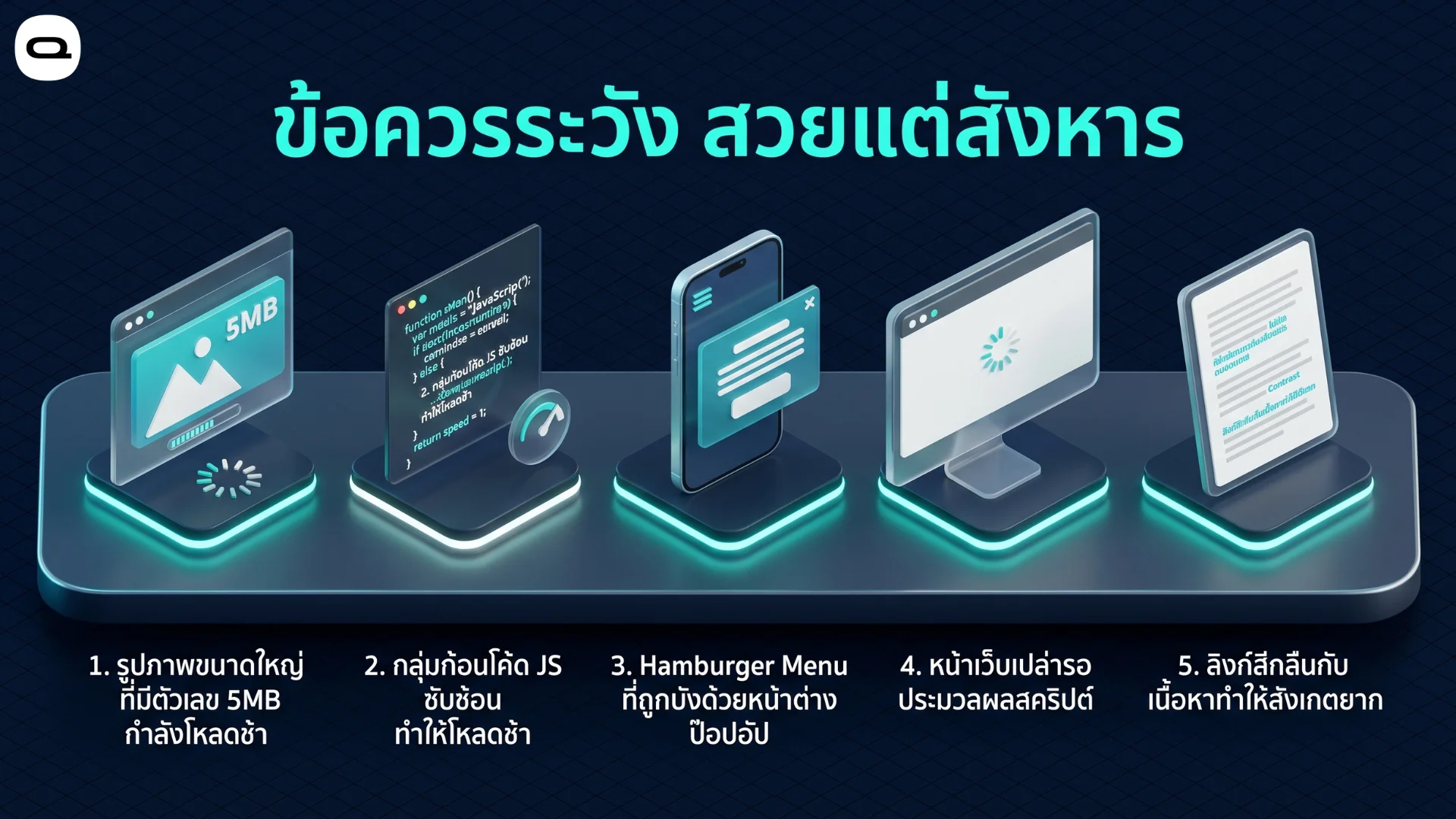 กราฟิกแสดงข้อควรระวังในการออกแบบเว็บไซต์ที่ส่งผลต่อเอสอีโอ เช่น ไฟล์ขนาดใหญ่ โค้ดซับซ้อน ป๊อปอัปบังการใช้งาน โหลดช้า และลิงก์ที่อ่านยาก