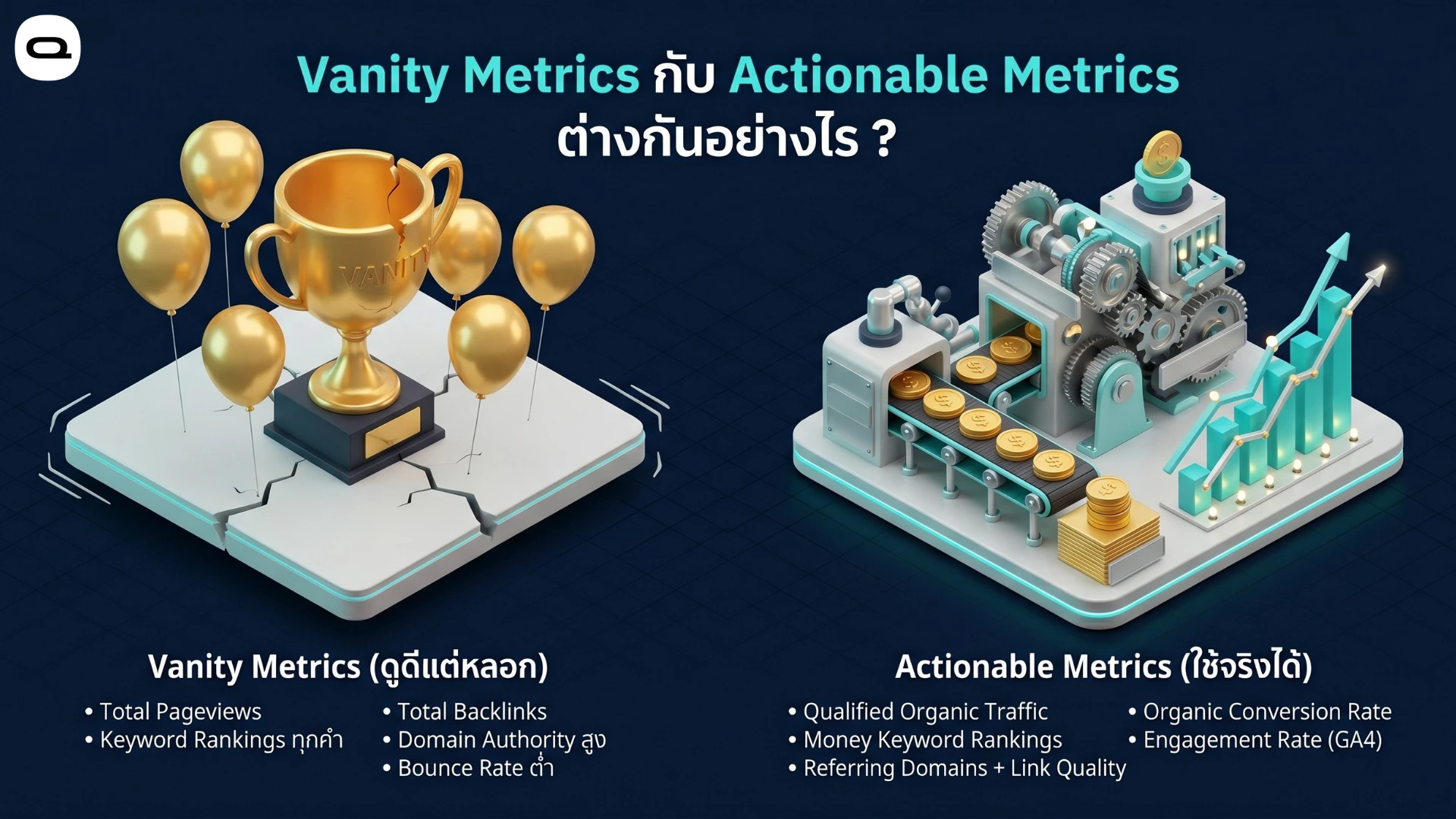 เปรียบเทียบความแตกต่างระหว่าง Vanity Metrics ที่ดูดีแต่หลอกตาและ Actionable Metrics ที่นำไปใช้งานได้จริงในการวัดผลเอสอีโอ