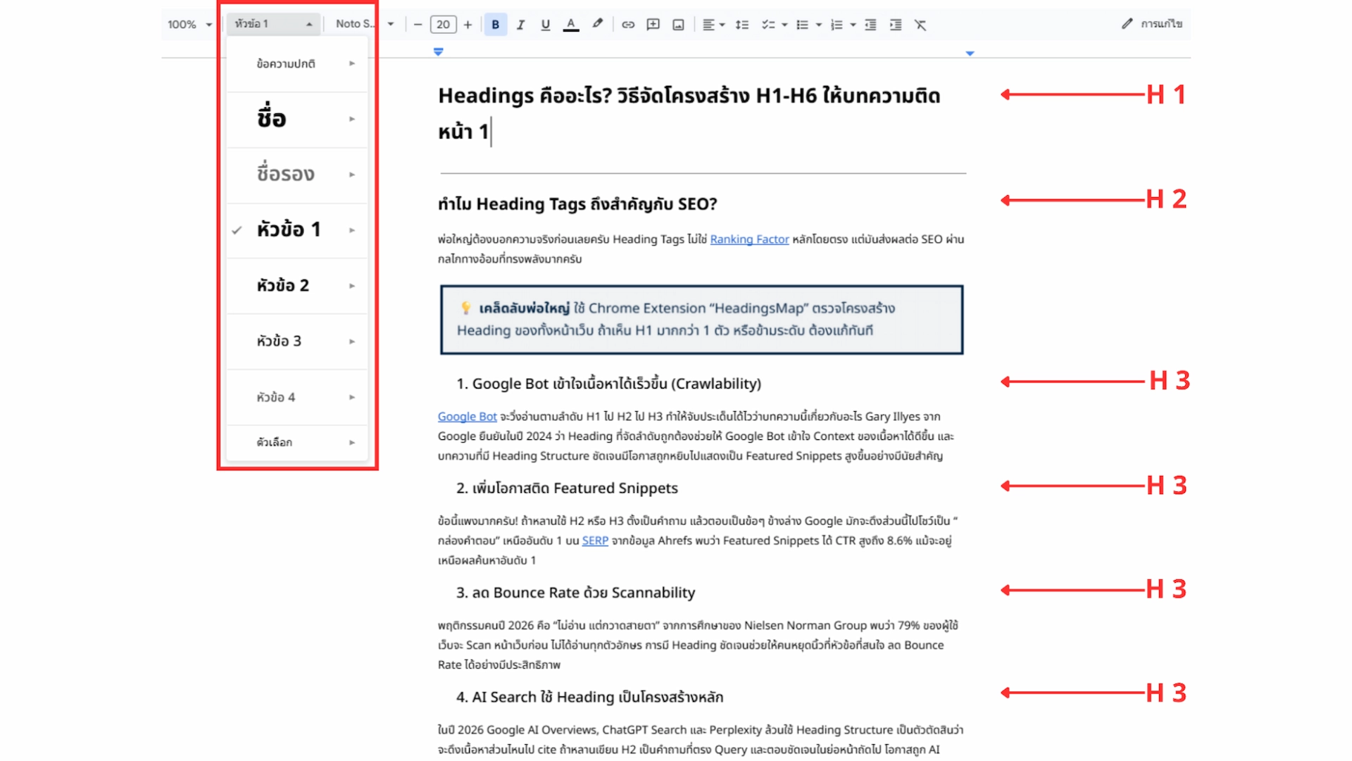 การใช้ Headings จัดระดับความสำคัญของหัวเรื่องในบทความ