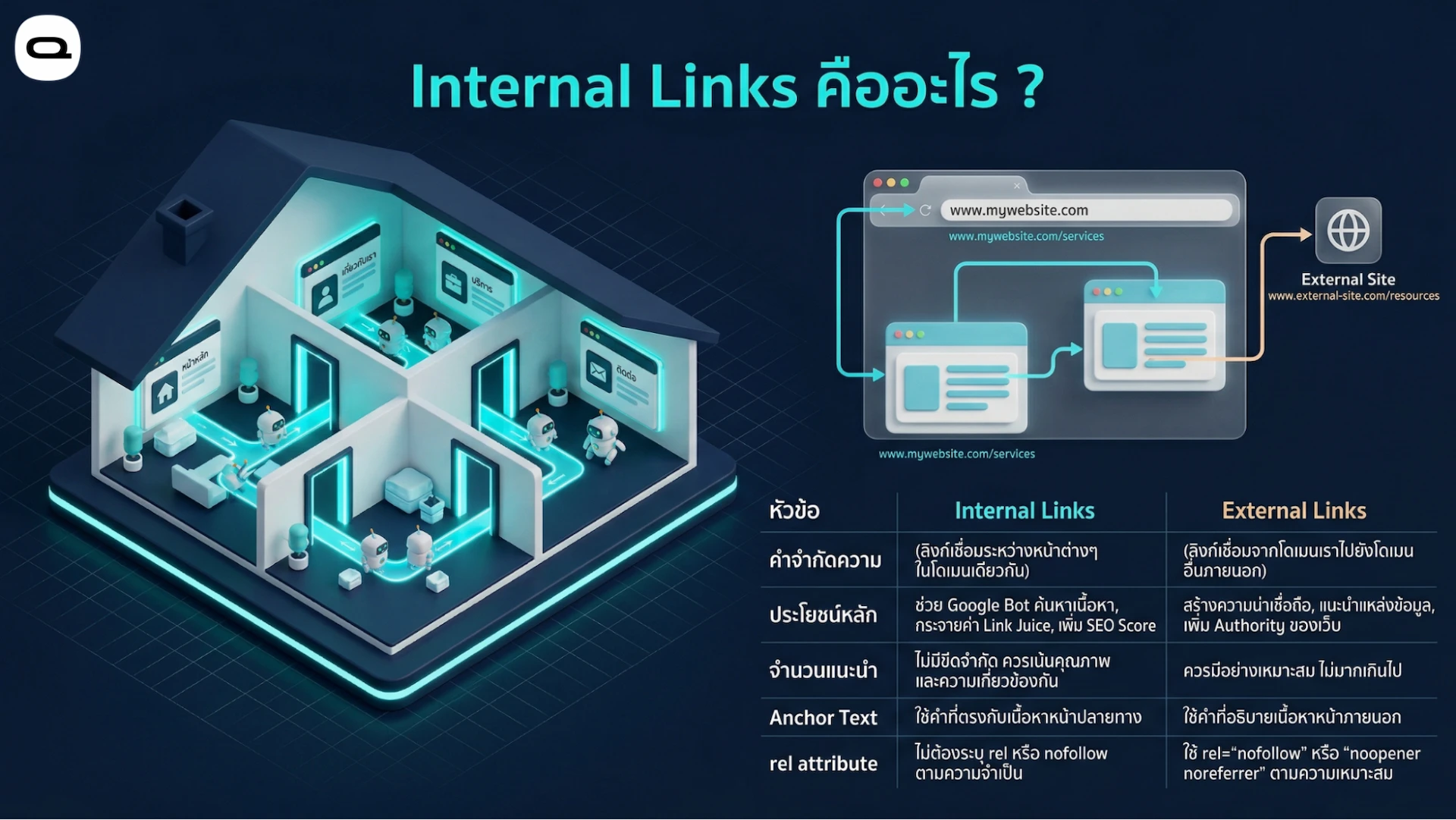 อธิบายความหมายของ Internal Links โครงสร้างการเชื่อมโยงหน้าเว็บ และตารางเปรียบเทียบข้อแตกต่างกับ External Links