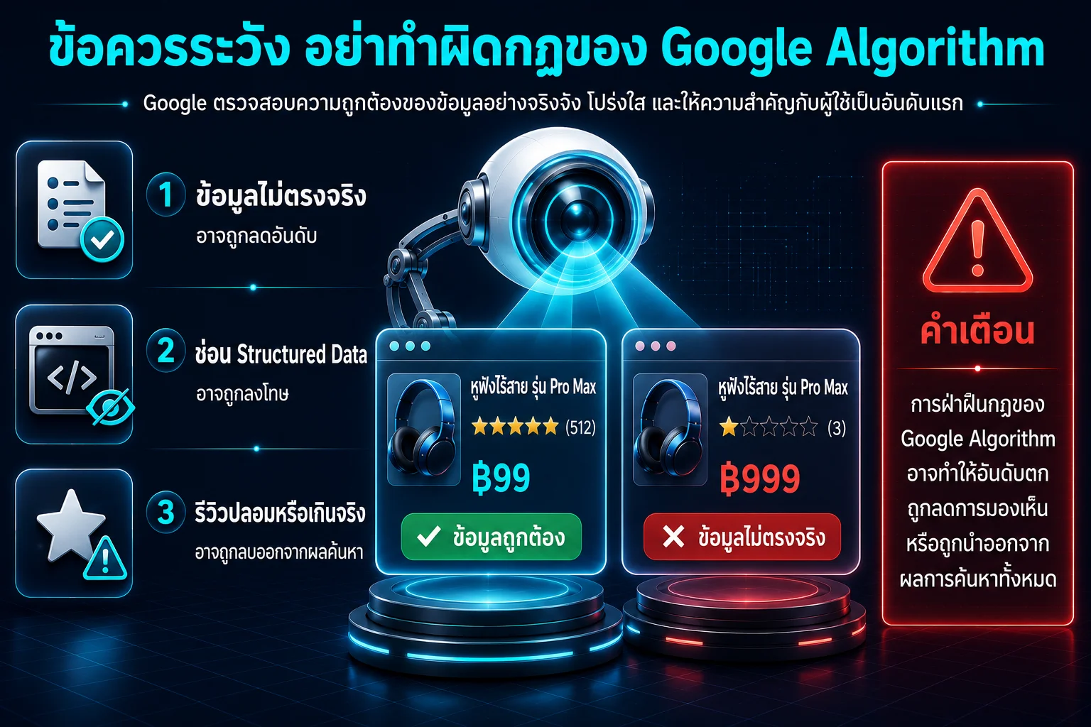 ข้อควรระวังและกฎกูเกิลอัลกอริทึมสำหรับ Rich Snippets ห้ามใช้ข้อมูลเท็จ ซ่อนข้อมูล หรือใช้รีวิวปลอม