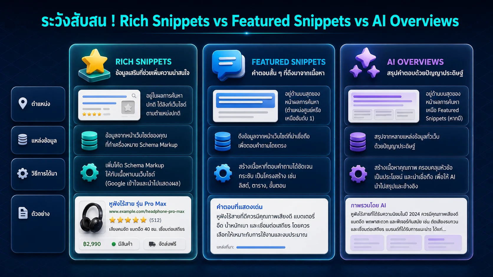 ตารางเปรียบเทียบความแตกต่างระหว่าง Rich Snippets Featured Snippets และ AI Overviews ทั้งด้านตำแหน่ง แหล่งข้อมูล และวิธีการทำ