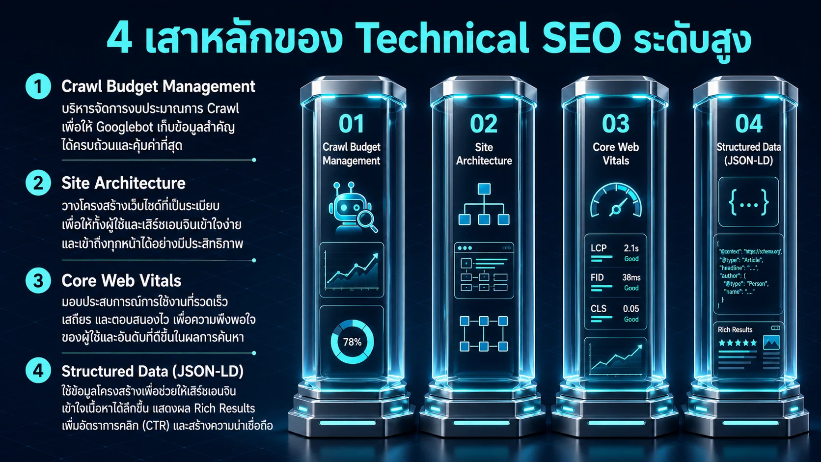 เสาหลักของ Technical SEO ระดับสูง ได้แก่ การจัดการครอว์ล โครงสร้างเว็บไซต์ ประสิทธิภาพเว็บ และข้อมูลโครงสร้าง