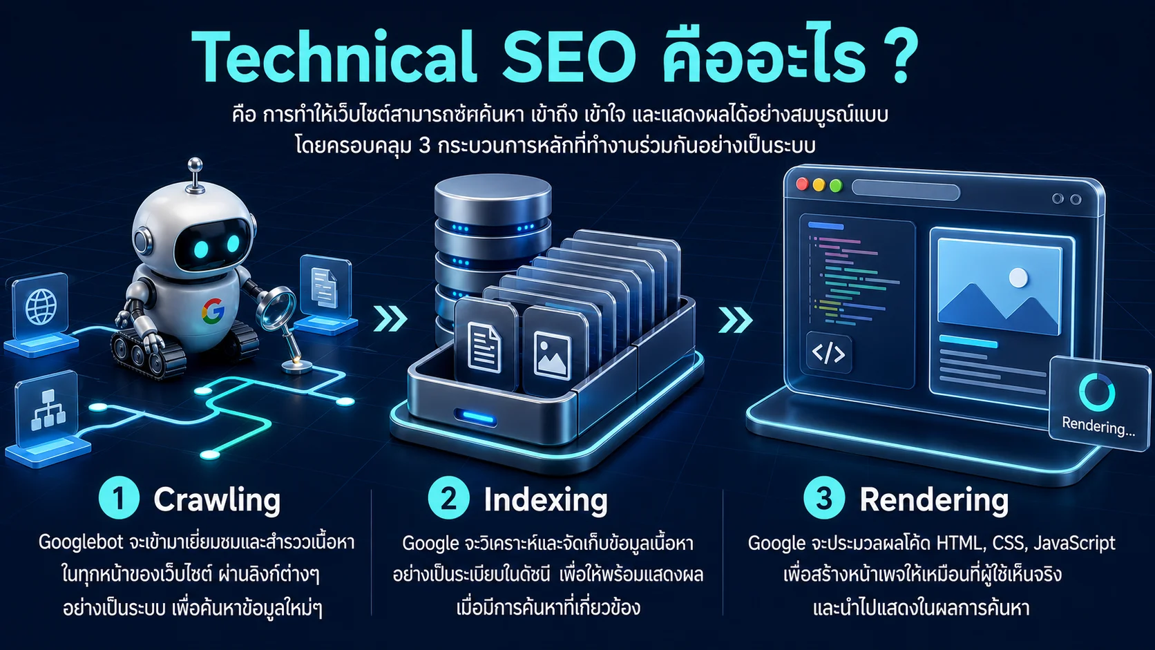 กระบวนการทำงานหลักของ Technical SEO ประกอบด้วยการรวบรวมข้อมูล จัดทำดัชนี และประมวลผลหน้าเว็บไซต์